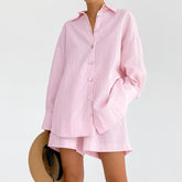 Cotton Linen Pajamas Long Sleeve Loose Shorts Two Piece Suit Outerwear White Homewear